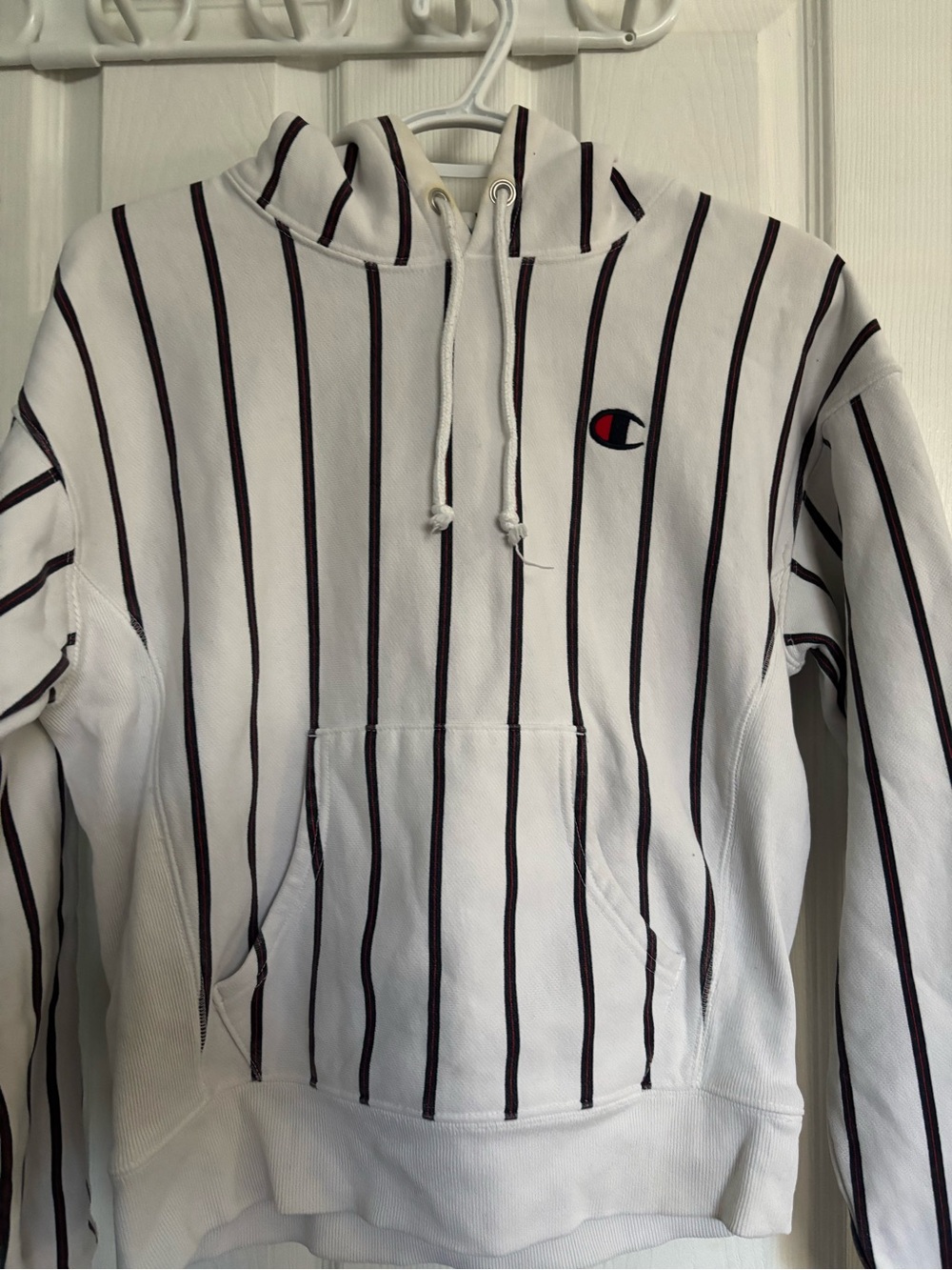 Champion White Hoodie with Black Pinstripes and Red Logo